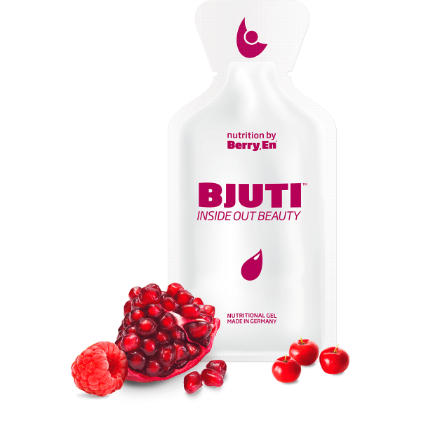 Berry En -Giv din hud elasticitet og spændstighed igen med Bjuti gel kosttilskud fra Berry.En. Viser hindbær, granatæble, acerola kirsebær og en gelpakke på 25g med kollagen i flydende form.