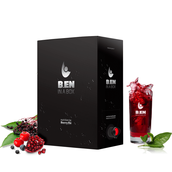 Få et energiboost med boksen Ben in a Box fra Berry En. Viser bær og planter som granatæble, blåbær og hyldebær samt en sort 3 liters boks.
