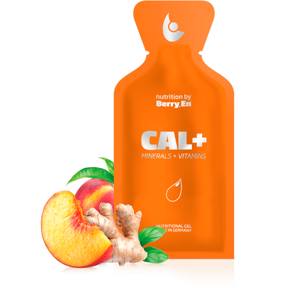 Berry En -få et ekstra tilskud af calcium og magnesium med Cal+ gel kosttilskud fra Berry.En. Viser ingefær, en fersken og en gelpakke på 25g.