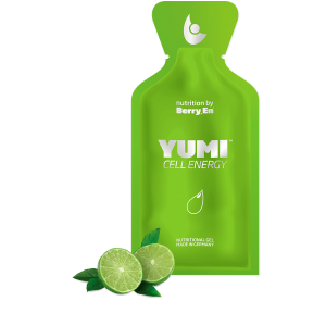 Berry En. Få et bedre immunforsvar med det grønne gel kosttilskud Yumi fra Berry.En. Viser to halve limefrugter og en gelpakke på 25g